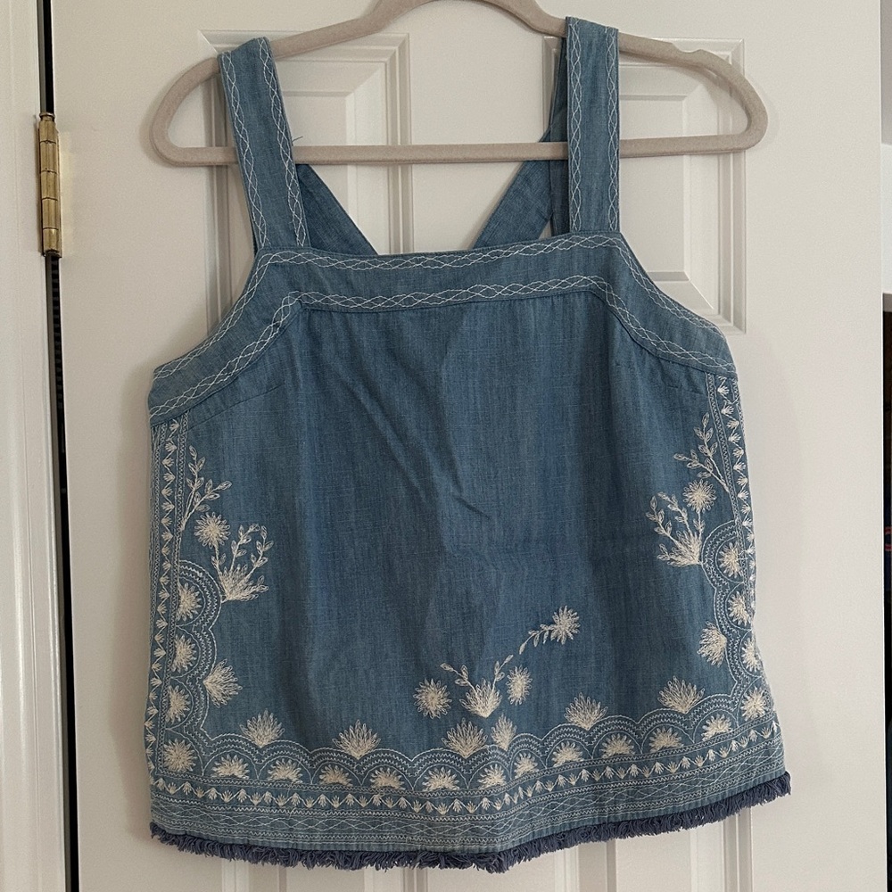 Anthropologie Meadow Rue chambray tank with embroidery.